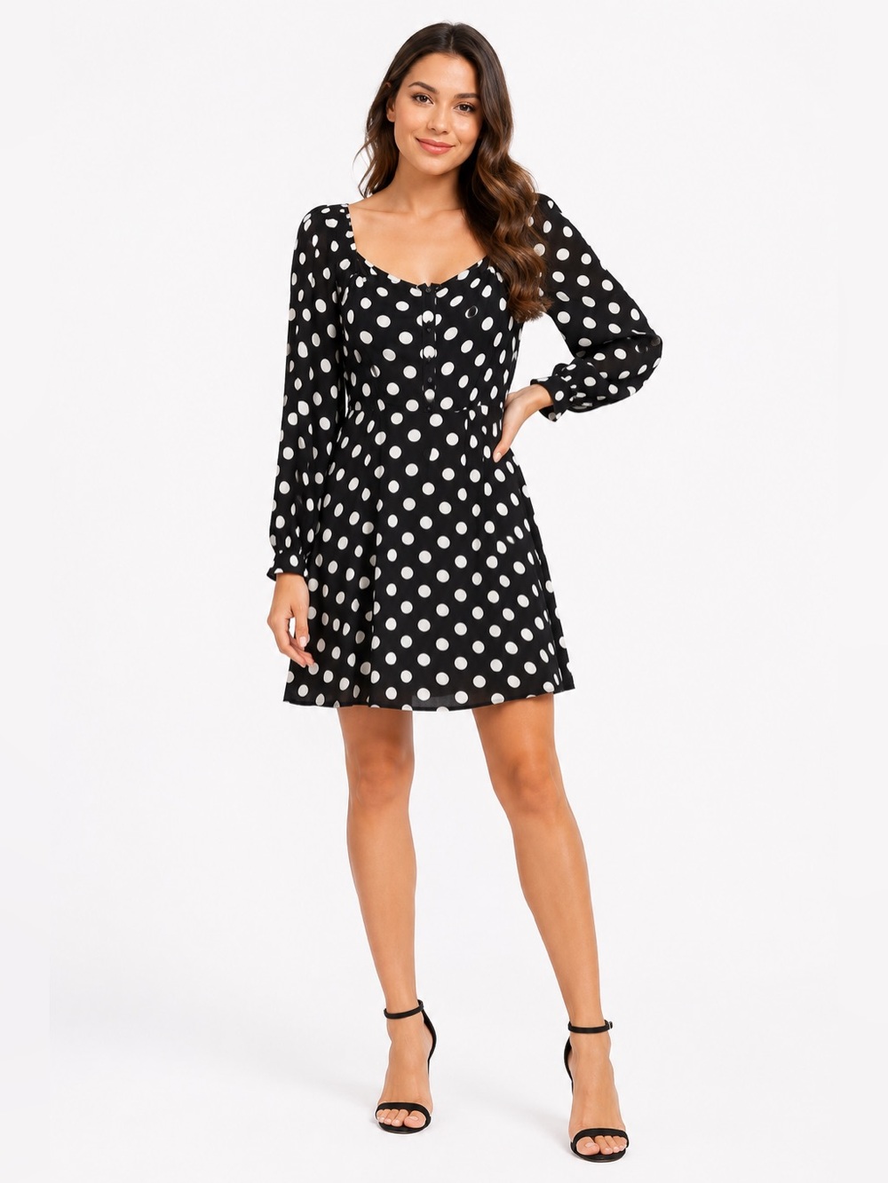 JustFab Women’s Black & White Long Sleeve Polka Dot Mini Dress